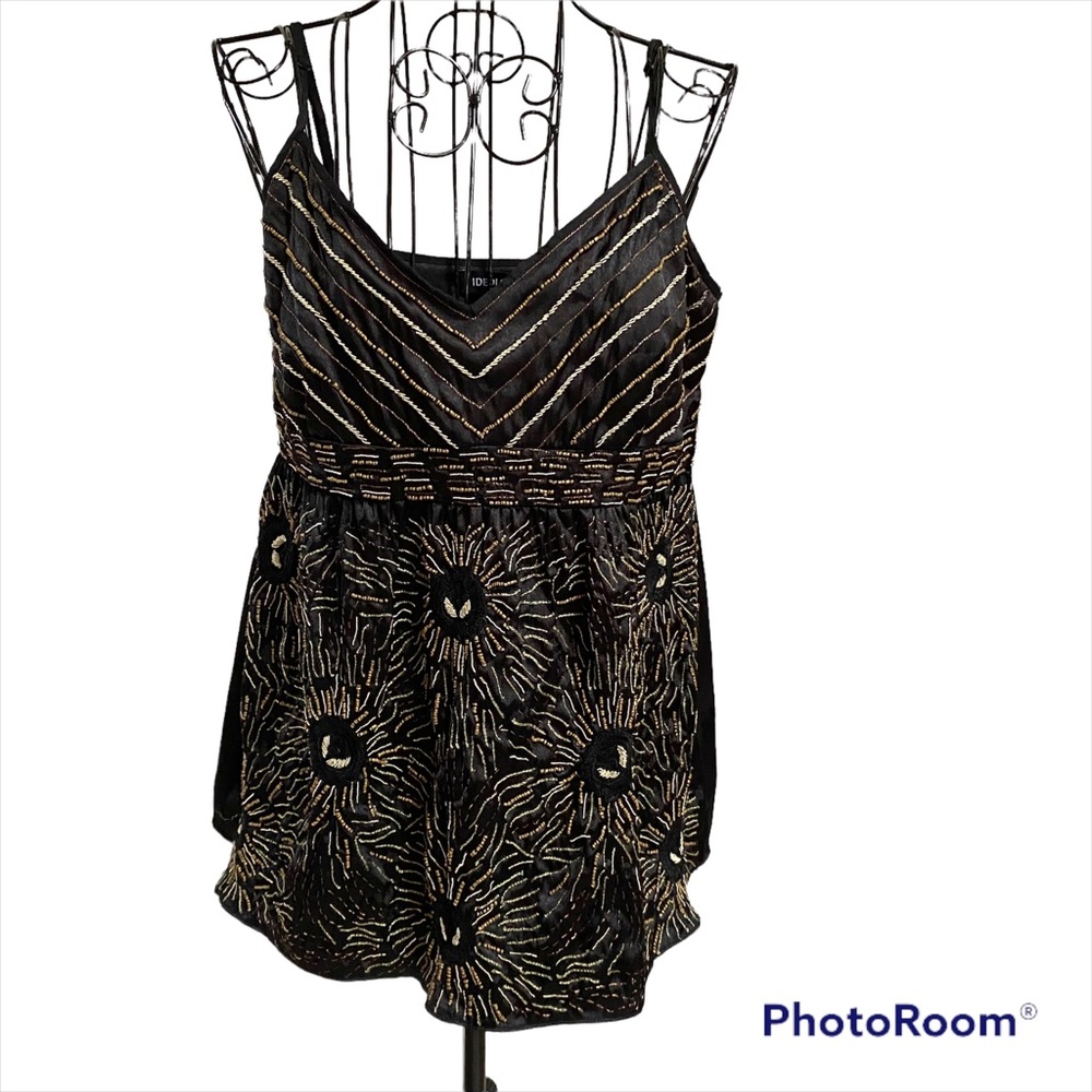 Ideology Black and Gold Beaded and Embroidered Tank Top Adjustable Straps Sz S